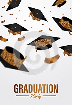 Luxury graduation party ceremony poster banner template with golden glitter graduation cap with golden flying balloon