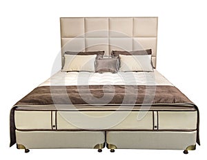 Luxury gray beige modern bed furniture with patterned bed with leather upholstery headboard . Soft velour fabric