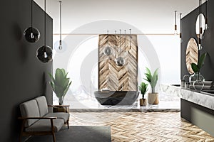 Luxury gray and wood bathroom interior