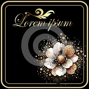 Luxury Greeting card with gold frames, glitter and hand drawn watercolor flower. Floral vector black background. Decorative modern