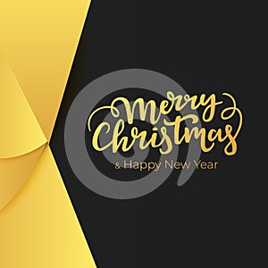 Luxury greeting card for winter holidays with lettering and abstract decorations of a gold foil on black paper background.