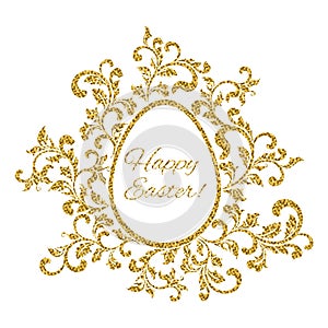 Luxury greeting postcard for Easter. Frame in the shape of an egg made of floral elements on a white background