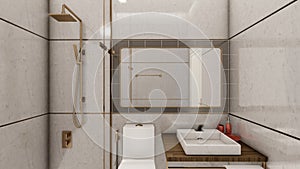 Luxury grey minimalist toilet interior design 3d rendering