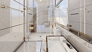 Luxury grey toilet interior scene 3d one point perspective