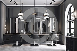 Luxury Hairdressing And Beauty Salon Interior With Chairs, Mirrors And Spotlights