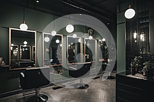 Luxury Hairdressing And Beauty Salon Interior With Chairs, Mirrors And Spotlights