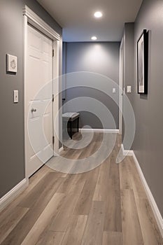 Luxury hallway with gray walls and hardwood floor. Baseboard.