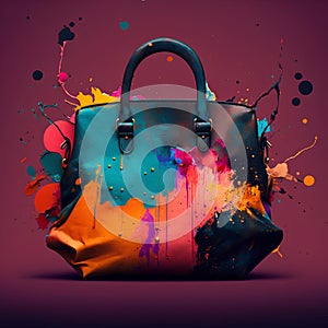 Luxury handbag with colorful paint splashes on gradient background