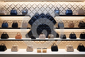 A luxury handbag store with a 3D quilted wall pattern,