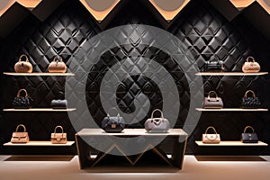 A luxury handbag store with a 3D quilted wall pattern,