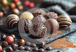 Luxury handmade chocolate bonbons on dark stone plate