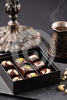 Luxury handmade chocolate candies with nuts in gift box