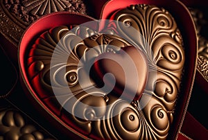 Luxury heart chocolate box, extreme closeup with a shallow depth of field. Digital painting effect with photorealistic mix.