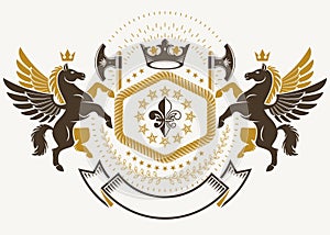 Luxury heraldic vector emblem template composed with ancient weapon, hatchets. Vector blazon made with mythic Pegasus, imperial c