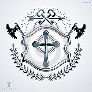 Luxury heraldic vector emblem template made using Christian religious cross and armory