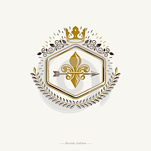 Luxury heraldic vector emblem template made using laurel leaf .