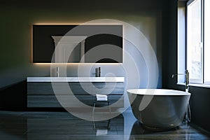 Luxury hi-tech bathroom with big mirror and window. 3d render