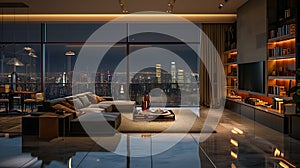 Luxury high-rise apartment living room with cityscape view at twilight