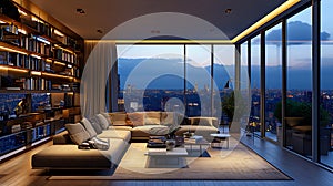 Luxury high-rise apartment living room with cityscape view at twilight