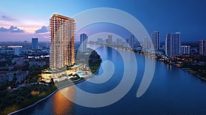 Luxury high-rise condo overlooking a river at dusk