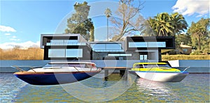 Luxury high-tech house on the beach. Two speed boats are moored at the reinforced concrete pier.