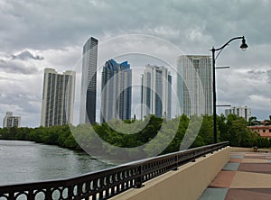 Luxury highrise building at City of Sunny Isles, Florida seen from bridge