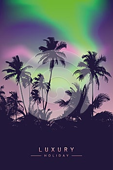 Luxury holiday beautiful polar lights at night with palm tree silhouette