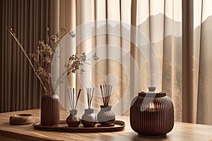 Luxury home decor diffuser rods, incense packaging artisan ceramics in earthy tones