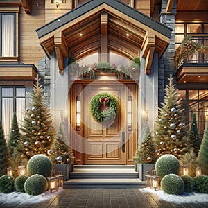 Luxury Home Front Wood Entrance Door Decorations Christmas Holiday Celebrating Season Wreath AI Generate