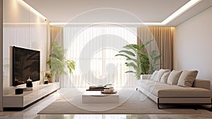 Luxury home interior design of modern living room. White sofa and tv unit in spacious room. Generative Ai