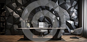 A luxury home office with a 3D cubic wall pattern in monochrome,