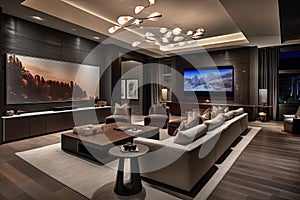 luxury home with state-of-the-art audiovisual setup, featuring wall of 4k tvs and immersive sound system
