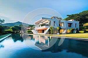 Luxury home with swimming pool at sunset