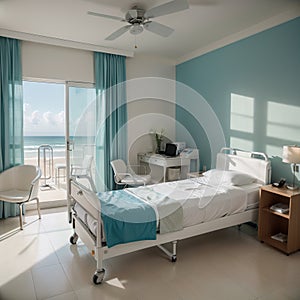 Luxury hospital room with beach and sea view in medical tourism concept ing of home interior for self-isolation quarantine from