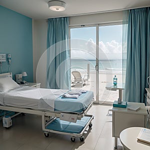 Luxury hospital room with beach and sea view in medical tourism concept ing of home interior for self-isolation quarantine from