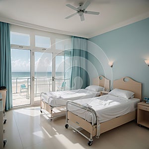 Luxury hospital room with beach and sea view in medical tourism concept ing of home interior for self-isolation quarantine from