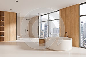 Luxury hotel bathroom interior with tub and shower, panoramic window