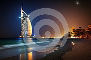 Luxury Hotel Burj Al Arab at Night Viewed from Jumeirah Public Beach in Dubai, UAE -
