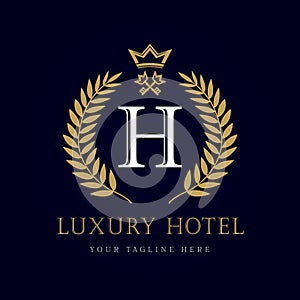 Luxury Hotel crown and key letter `H` monogram logo