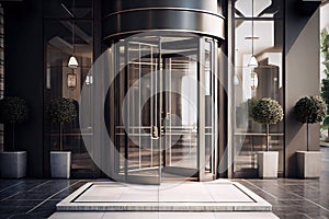 luxury hotel entrance with modern, clean lines and revolving glass door