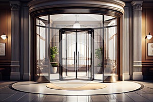 luxury hotel entrance with modern, clean lines and revolving glass door