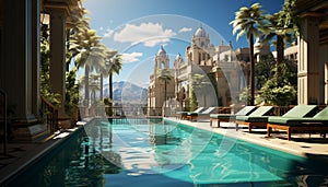 Luxury hotel with infinity pool, palm trees, and cityscape view generated by AI