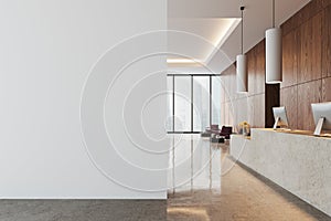 Luxury hotel interior lobby with reception desk and waiting space. Mock up wall