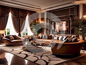 Luxury hotel living room interior design with brown sofa, elegant theme. Generative AI image