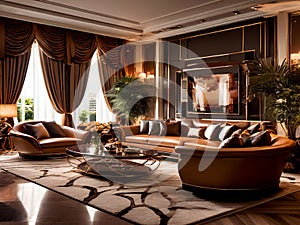 Luxury hotel living room interior design with brown sofa, elegant theme. Generative AI image photo