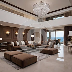 Luxury hotel living room interior design with brown sofa theme. Generative AI image