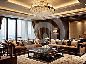 Luxury hotel living room interior design with brown sofa theme. Generative AI image