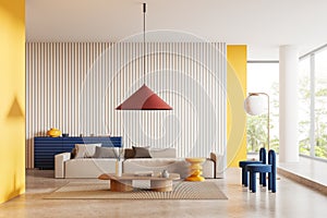 Luxury hotel living room interior with sofa and sideboard, panoramic window