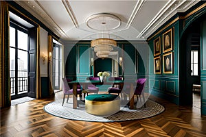 Luxury hotel living room with pink chairs interior.