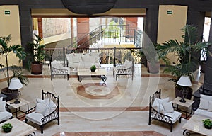 Luxury hotel lobby with columns.